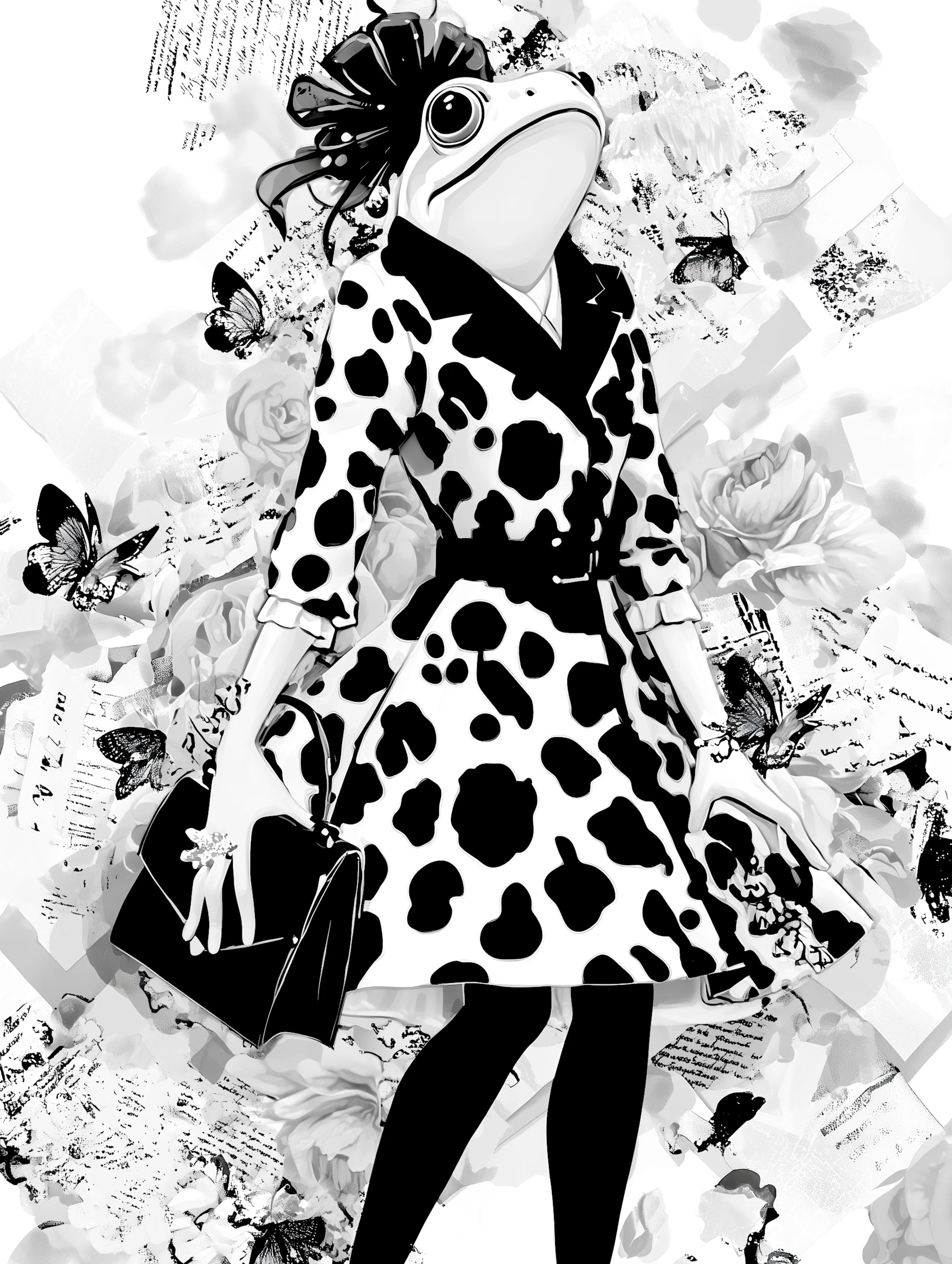 Free printable frog coloring page for adults featuring tall frog wearing a dress